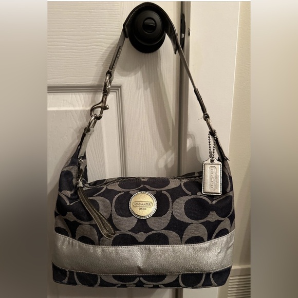 Coach Signature Carly Blue Silver Stripe Canvas Hobo Handbag Navy Denim GUC - Picture 1 of 12